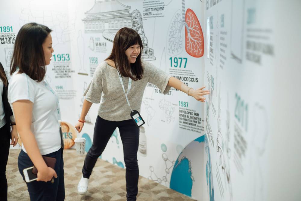 women enjoying an interactive wall used in marketing action