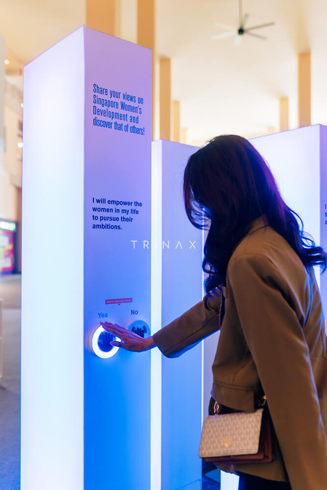 Trinax Interactive Hybrid Exhibition | Celebrating SG Women Interactive Touch Points Design, WebAR Animations, Photo Booth, Social Wall